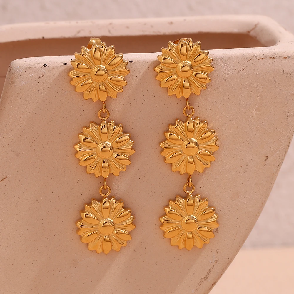 Three Sunflower Drop Earrings Water Resistant Tarnish Free 316L Stainless Steel Jewelry 18K Gold Plated Earrings for Women