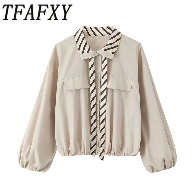 TFAFXY Damenbluse 2026 Frühling Langarm Kontrastkragen Freizeithemd Gestreiftes Patchwork Lockeres Oberteil