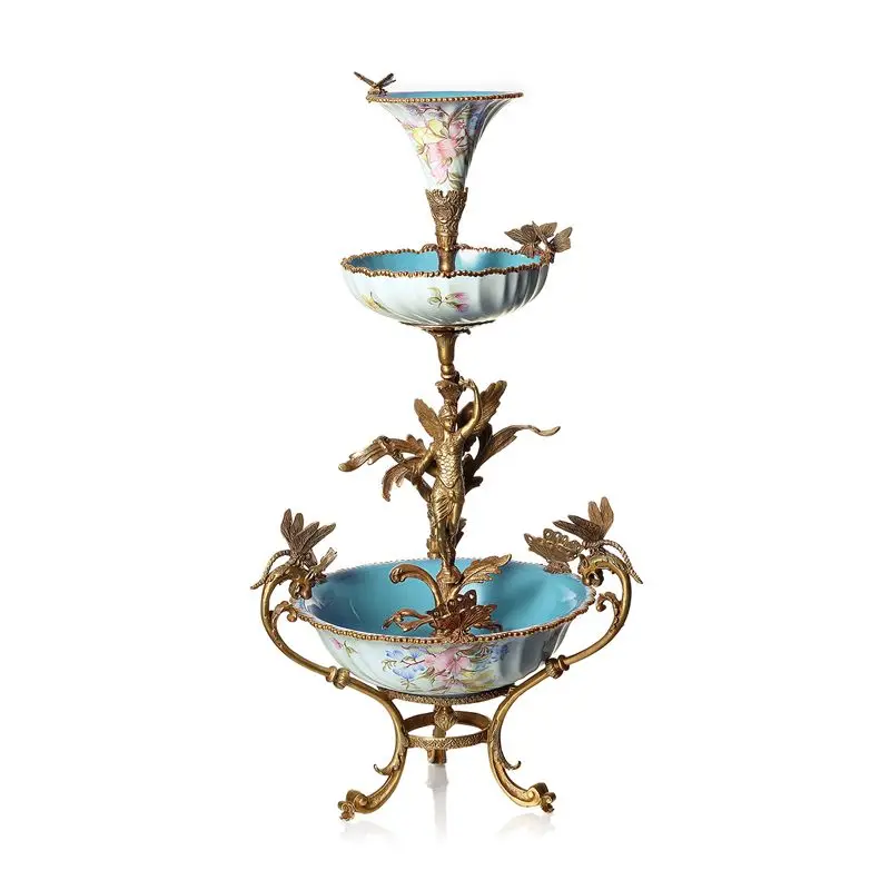 Ceramic with copper decoration three-layer fruit plate home candy dried fruit plate ornament