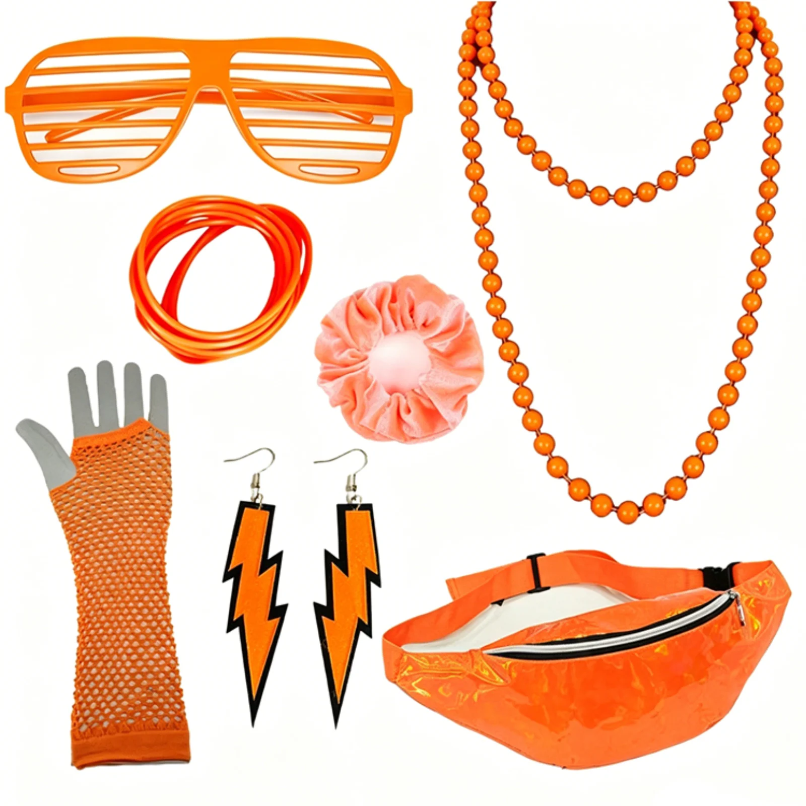 Neon 80s Party Costume Accessories Set Retro Glasses Necklace Gloves Waist Bag Set Fanny Pack for Women Disco Hip Hop Party