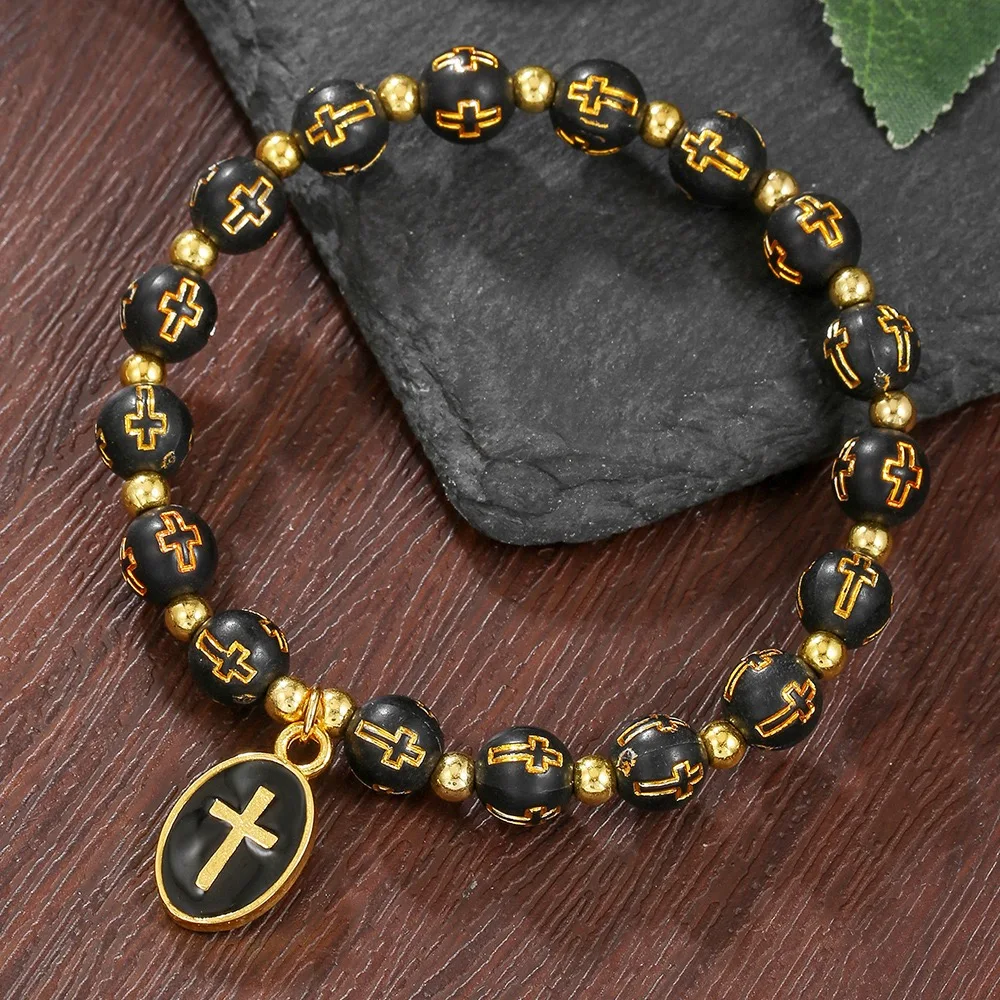 Oval Cross Pendant Beaded Charm Bracelet for Women Men Rosary Religious Catholic Prayer Bracelet Gifts Jewelry Accessories