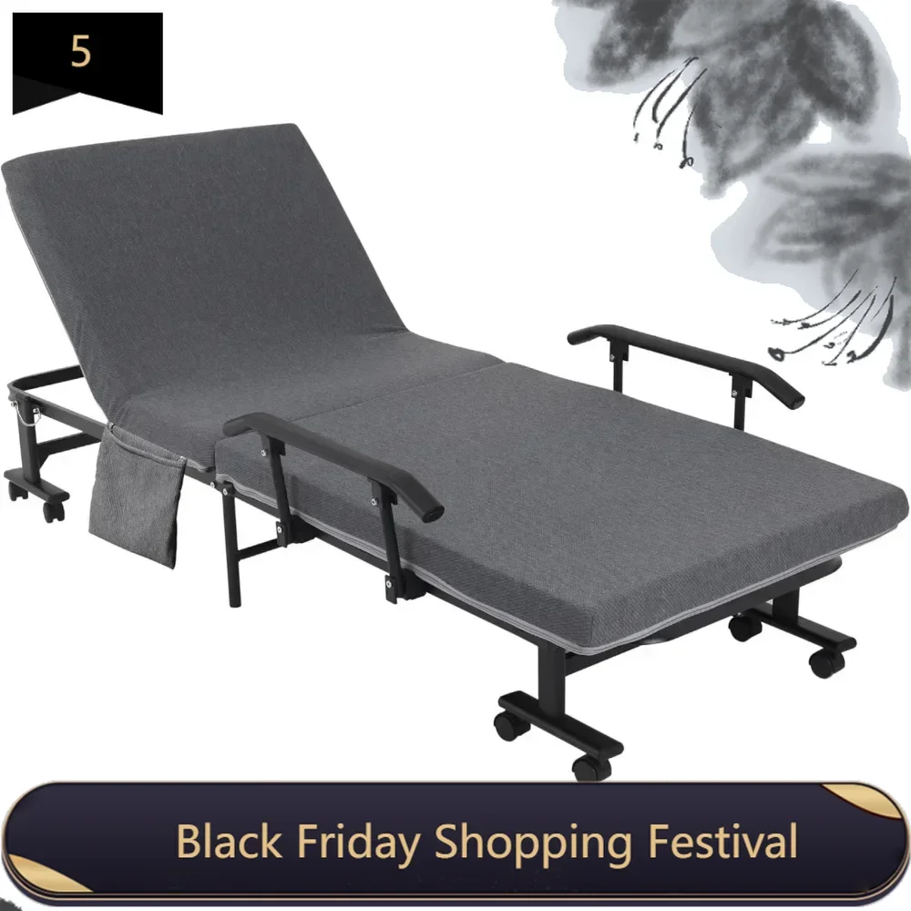 Rollaway Bed, Folding Bed with Mattress, Portable Foldable Guest Bed with Adjustable Backrest, and Metal Frame on Wheels