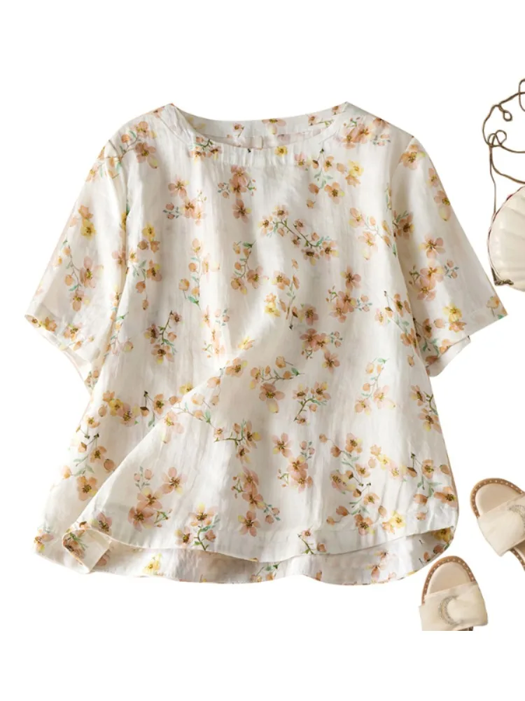 Casual bloemenprint linnen katoen dames T-shirt zomer losse pasvorm veelzijdige afslanktop rond Ne ort Sve rond lichaam