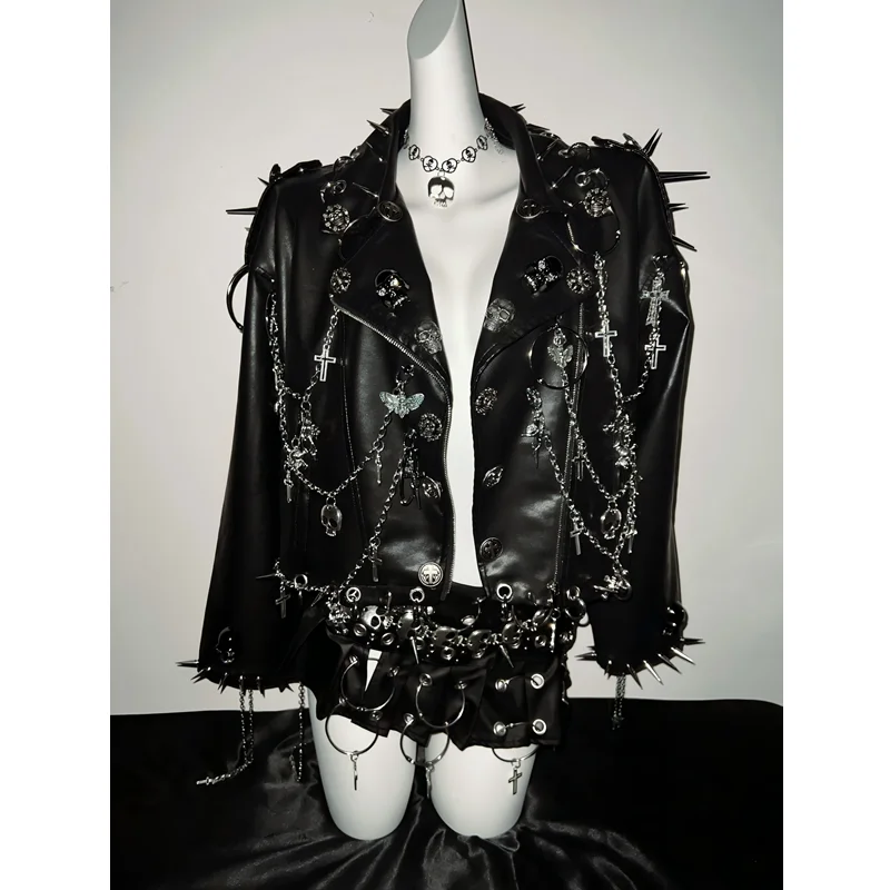 Original Design Punk Rock Sweet Cool Women's Clothing Coat 2025 Autumn New Gothic Heavy Rivet Chain Unisex Black Leather Jacket