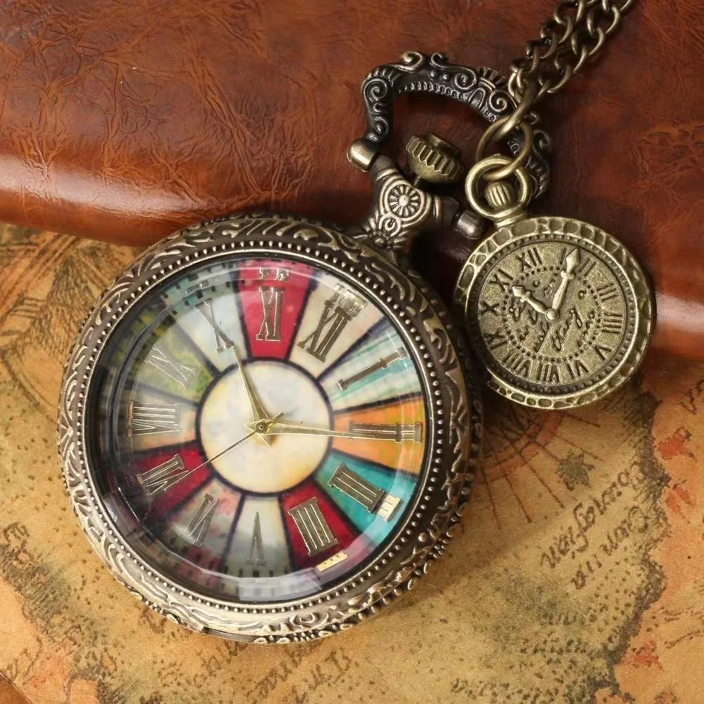 

Roman Numerals Vintage Pocket Watch Large Color Dial Flip Necklace Watch Embossed British Style Men's And Women's Hanging Watch