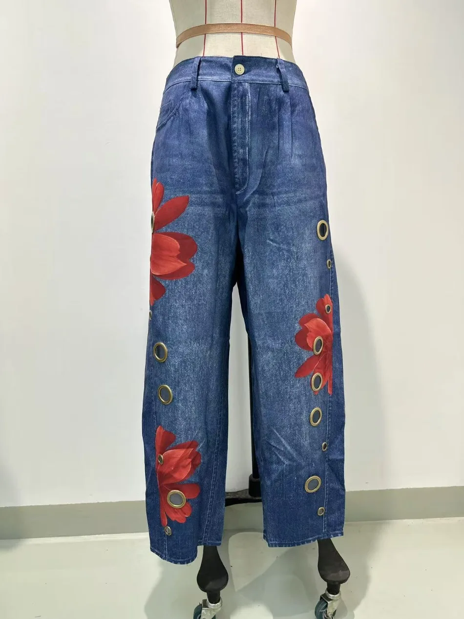 Frühling Herbst Neu im Sortiment Imitations-Jeans für Damen, bedruckt, lässig, locker, Retro-Street-Fashion, weites Bein – Detail 10