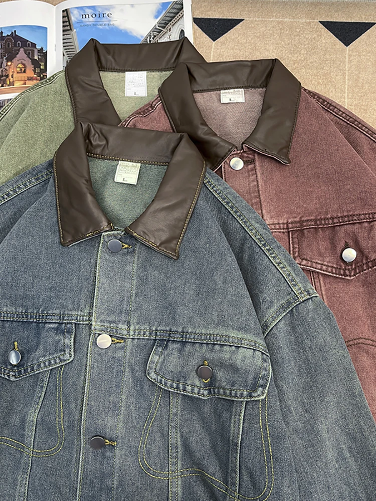 

PU Splicing Denim Jacket For Men Lapel with Pocket Solid Color Jackets American Casual Fashion Retro Loose Male Autumn Coat
