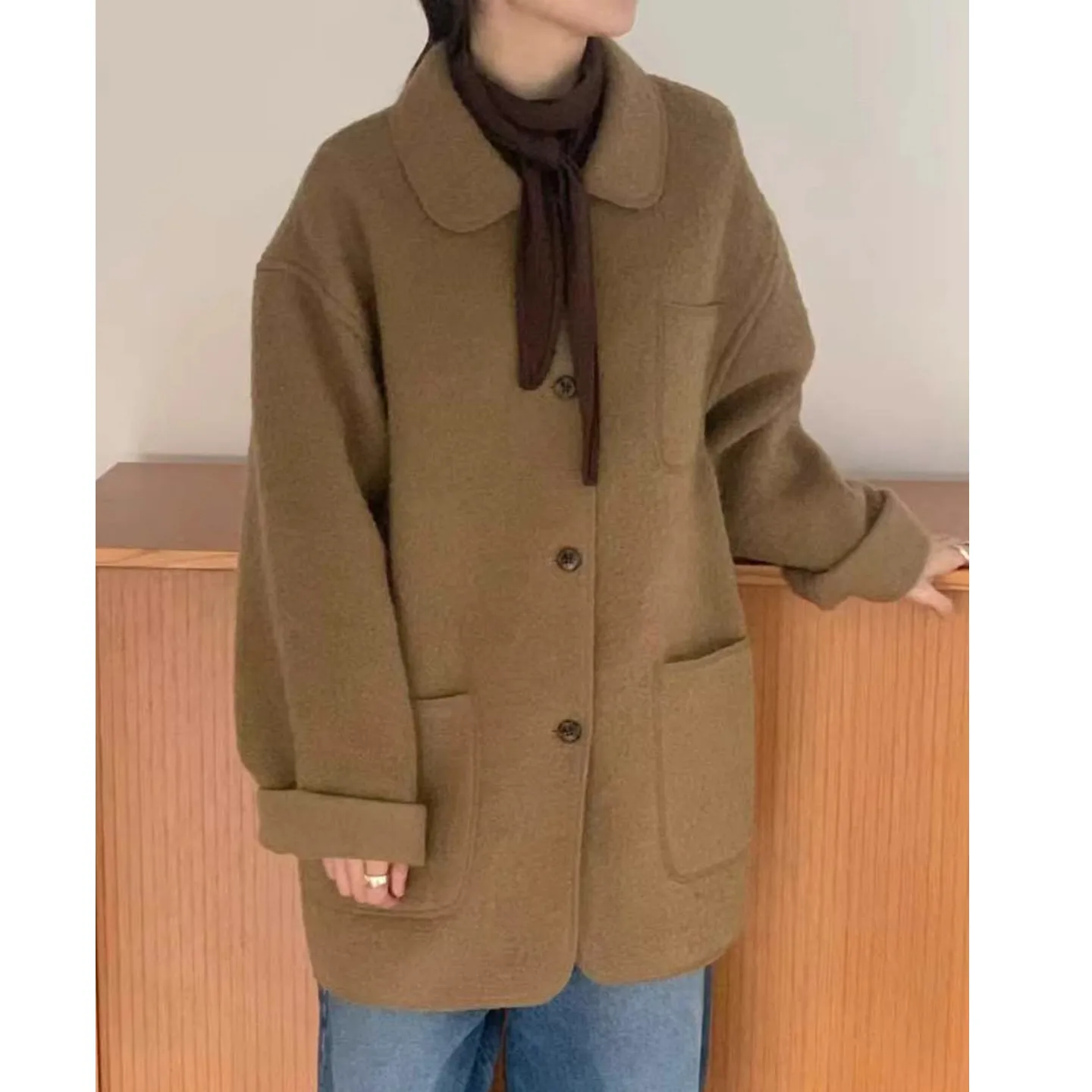 Abrigo de lana para mujer, corte holgado, informal, con cuello vuelto, patrón circular, otoño e invierno, nuevo abrigo versátil para ir al trabajo