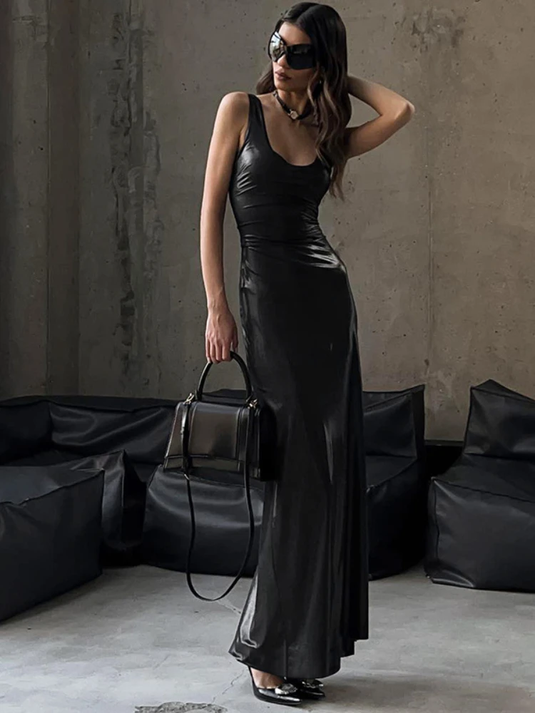 

PU Leather Black Maxi Dress 2024 Fashion Square Neck Sleeveless Streetwear Bodycon Dress Elegant Party Evening Dresses for Women