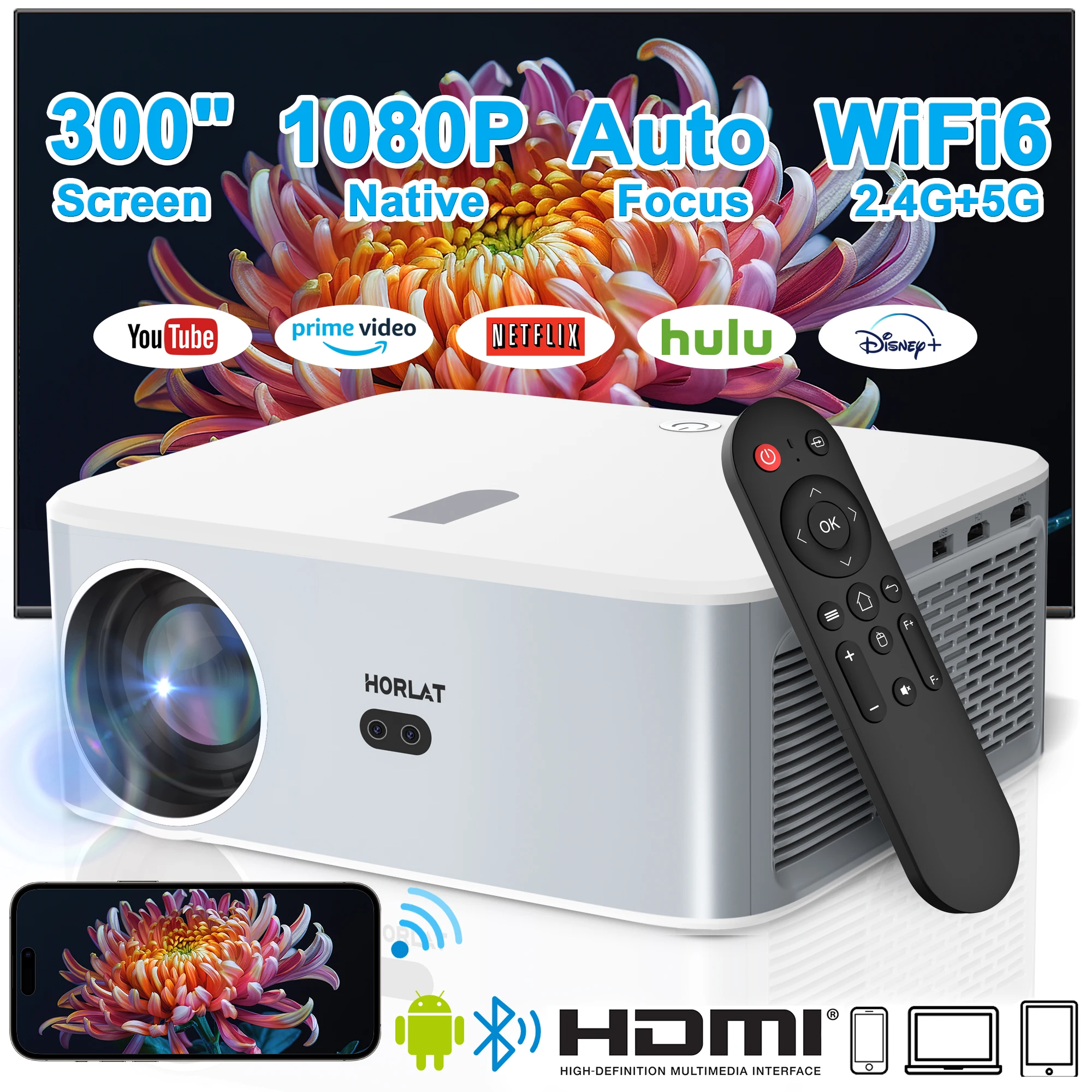 

HORLAT Android LED 4K Projector 700ANSI Full HD 1080P Video Home Theater Keystone 5G WiFi 18000Lumens Portable Proyector Dolby