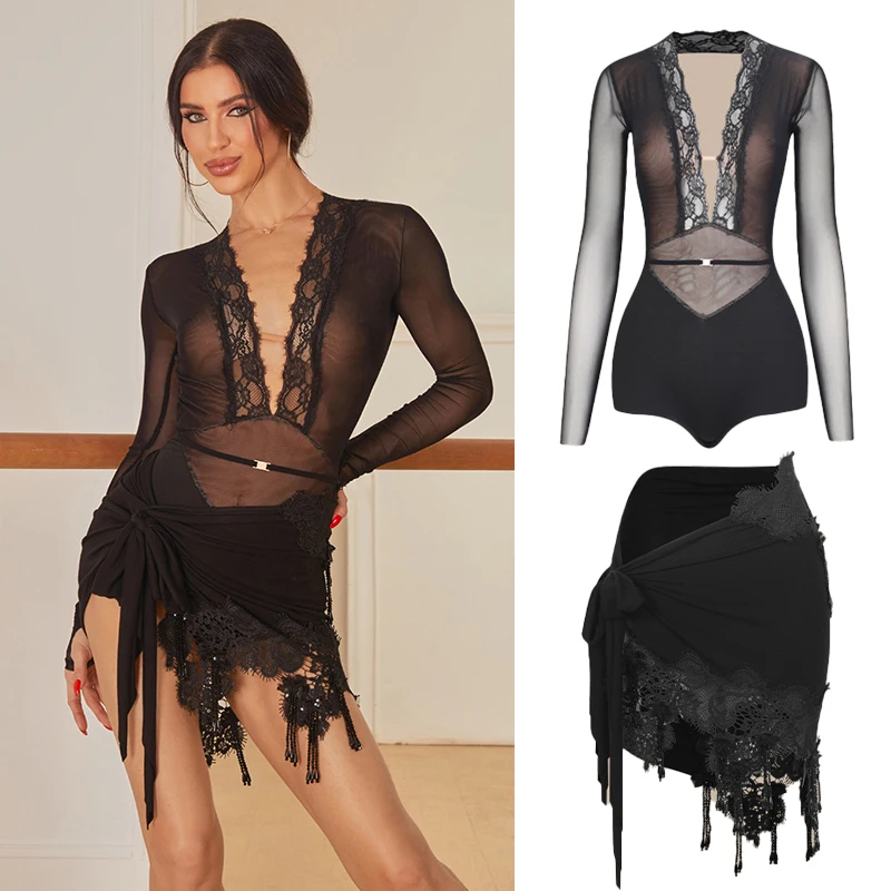 Adults Rumba Ballroom Dance Clothes Women'S Chacha Latin Dance Costume Sexy Mesh Latin Top Irregular Fringed Skirt SL14711
