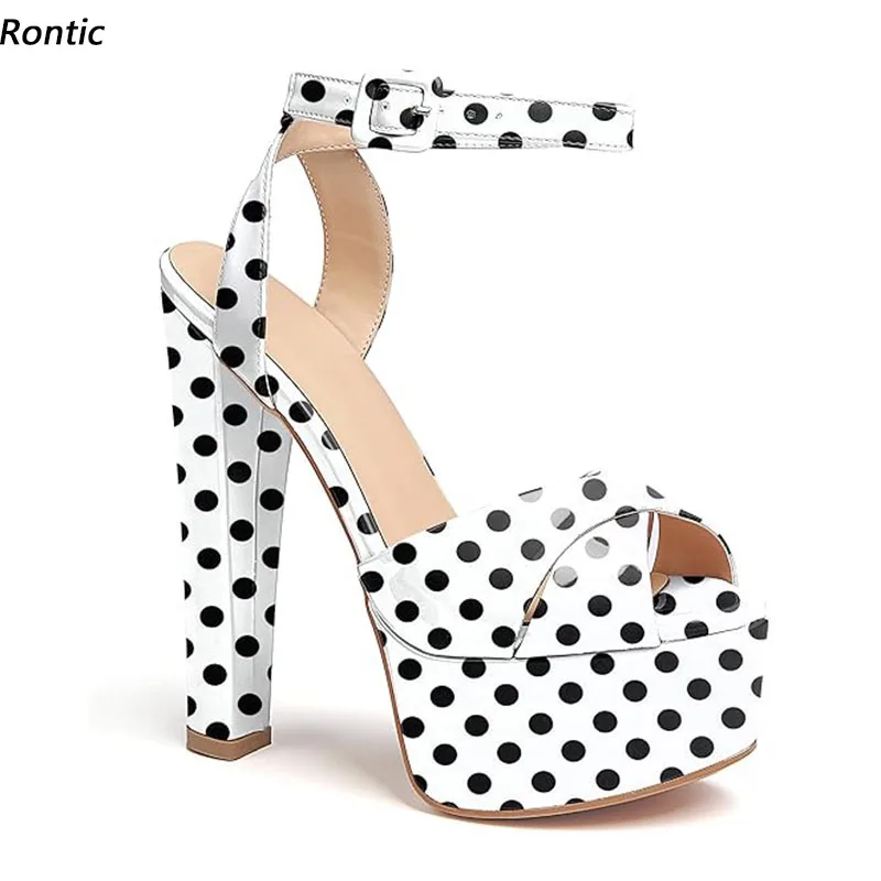 

Rontic/женские босоножки на платформе с ремешком на щиколотке в горошек, на массивном каблуке с открытым носком, довольно белые вечерние туфли, женские размеры США 5-20