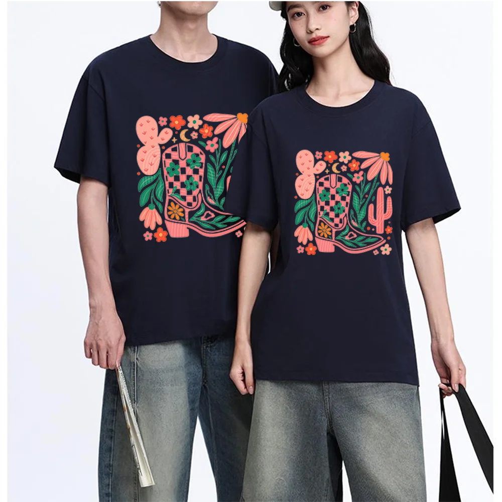 Cowboy Boot Floral Cactus Printed T Shirt Breathable Fabric S-XXL Personalized Custom Casual Short Sleeve Tee Aesthetic Graphic