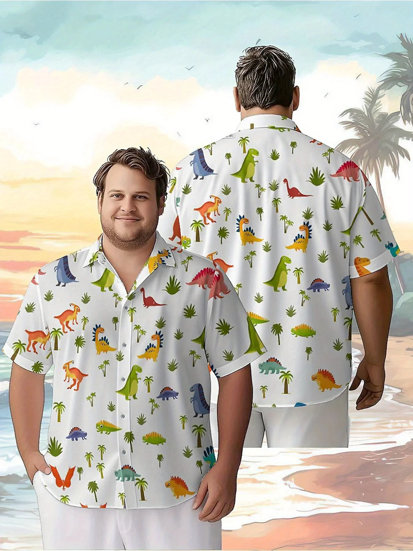

Men's Plus Size Hawaiian ShirtsColorful Dinosaurspattern, Summer Casual Tops, Suitable for Outdoor and Party, Streetwear