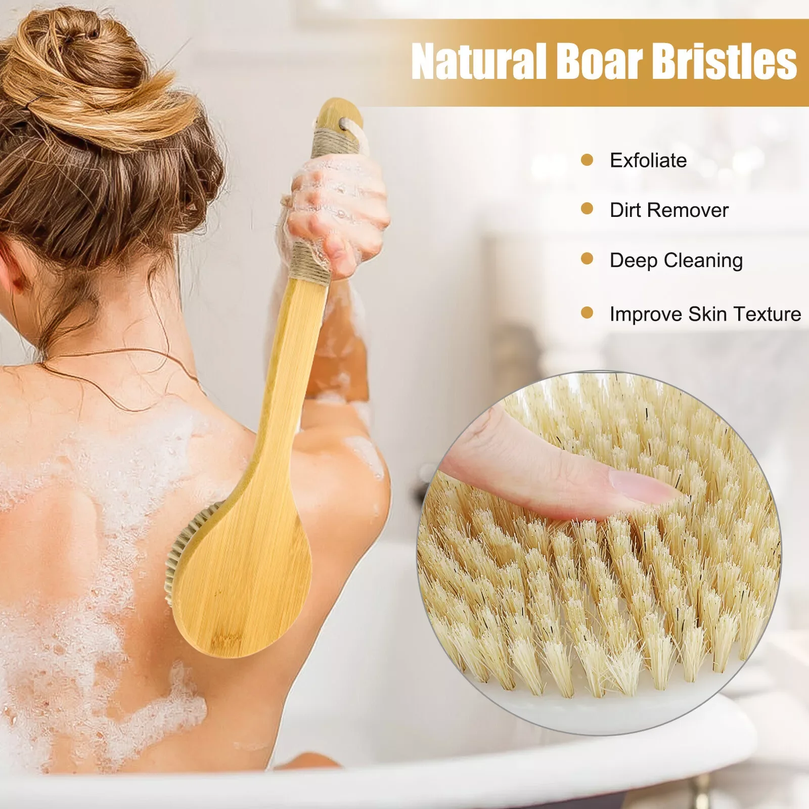 Bath Body Brush Soft Bristles Shower Back Scrubber Anti-Slip Long Bamboo Handle Take A Shower Bathroom Products For Women Men