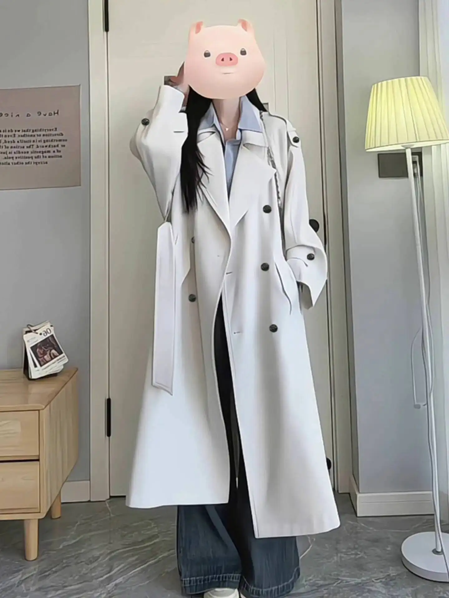 レディース ウインドブレーカー ロングトレンチコート 2026 春 グレー ダブルブレスト トレンチコート レディース エレガント ミドル丈コート