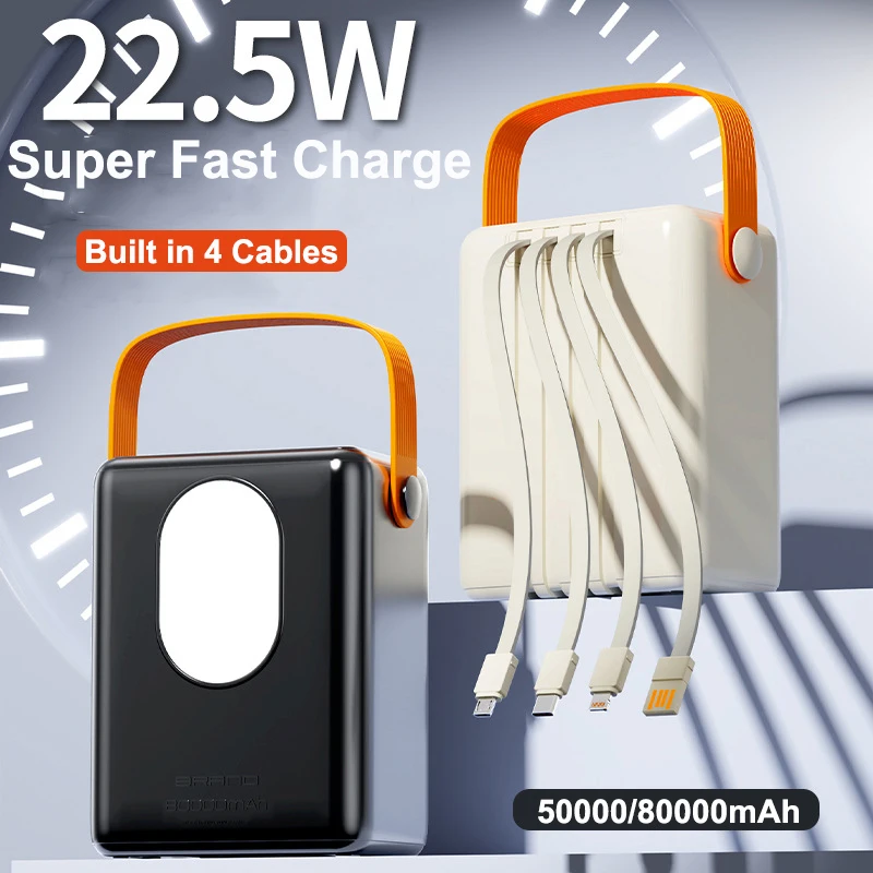 

JayoWade 80000mAh Power Bank Portable Charger PD 22.5W Fast Charging for IPhone 16 Samsung Huawei Xiaomi Powerbank 4 Cable Light