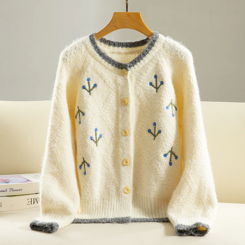 

plus Size Autumn Winter Knitted Heavy Embroidery round Neck Loose Slimming Women's Sweater Open Cardigan Style Comfortable Fit