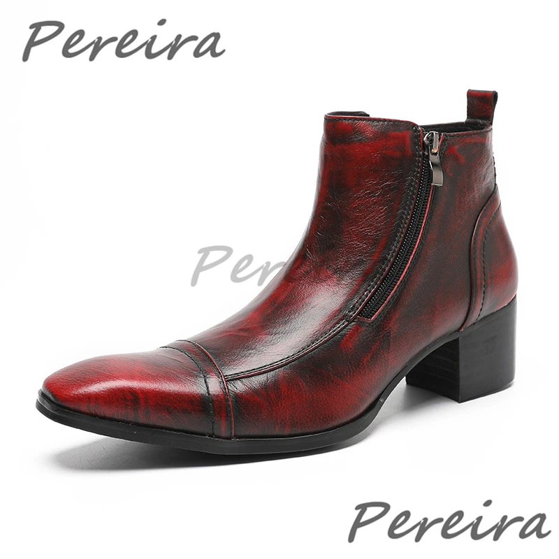 

Retro Genuine Leather Ankle Boots Men's Trendy Double Zipper Square Toe High Heel Short Boots British Style Banquet Dress Shoes