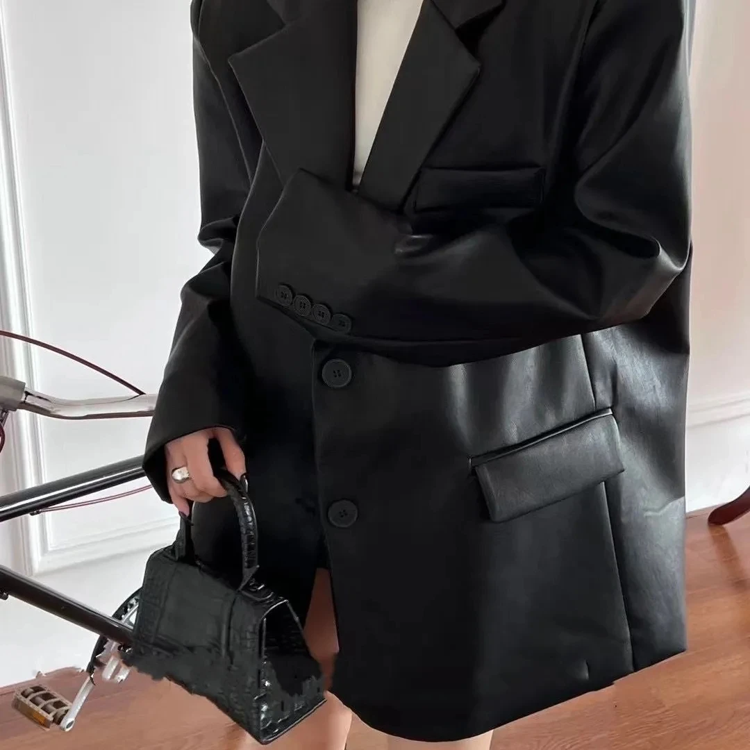 2025 Autumn High End Silhouette Shoulder Padded Suit PU Leather Jacket, Mid To Long Style Fashionable Motorcycle Suit Jacket