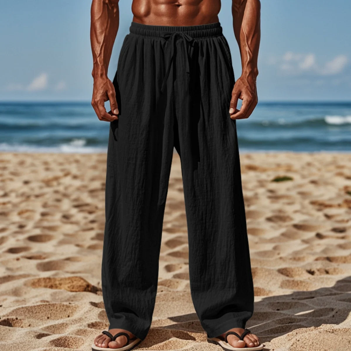 Men's New Cotton Hemp Casual Pants, Spring And Summer Solid Color Comfortable Loose Straight Pants Breathable outdoor Beach Pant - Image 4