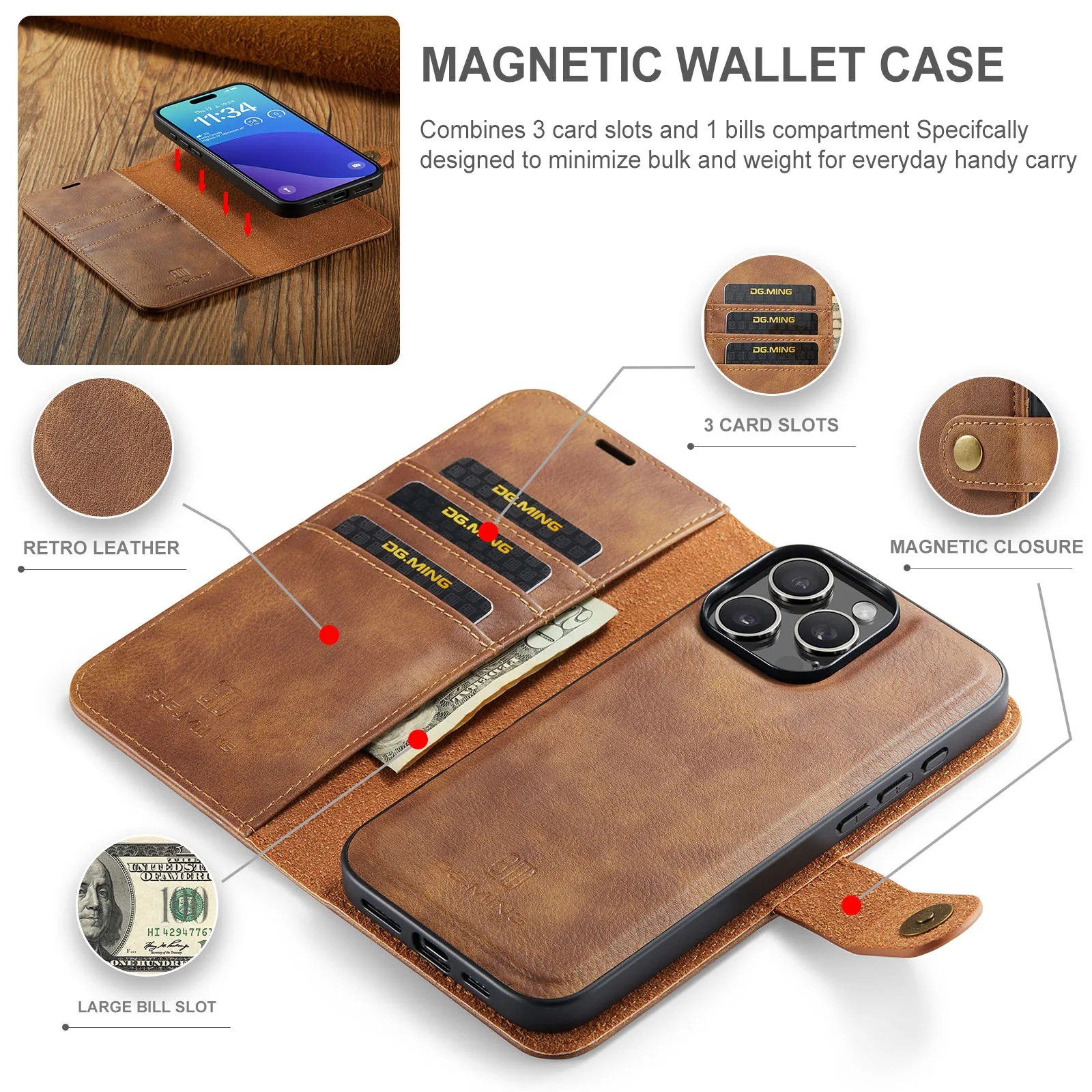 DG.Ming For iPhone 16 15 14 13 12 11 Pro Max Plus Mini Luxury 2-Folding Wallet Case Detachable Leather Magnetic Flip Cover Case