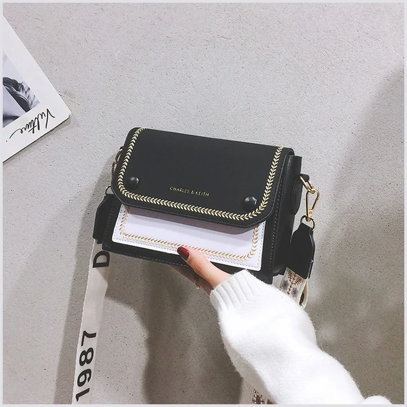 Women 2022 PU Leather Wide Strap Shoulder Bag Ladies Fashion Purses And Handbags Contrast Color Sewing Thread Crossbody Bag For