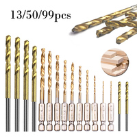 13-99PCS 1.5-6.5mm Hex Shank Titanium Coated HSS Drill Bit Set for Wood/Plastic/Aluminum Metalworking Tools