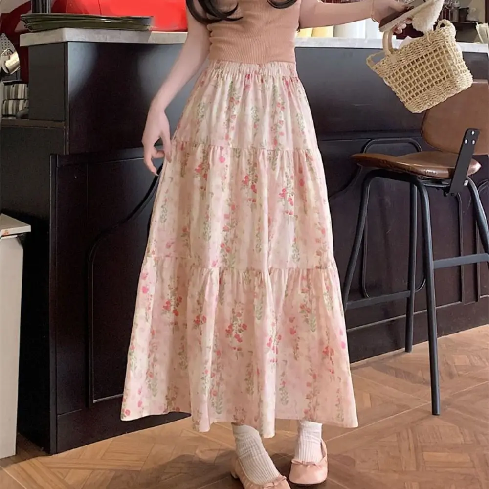 Clássico cintura alta floral saia longa feminina retalhos finos cintura alta saia longa ins estilo flor a linha em camadas saia menina