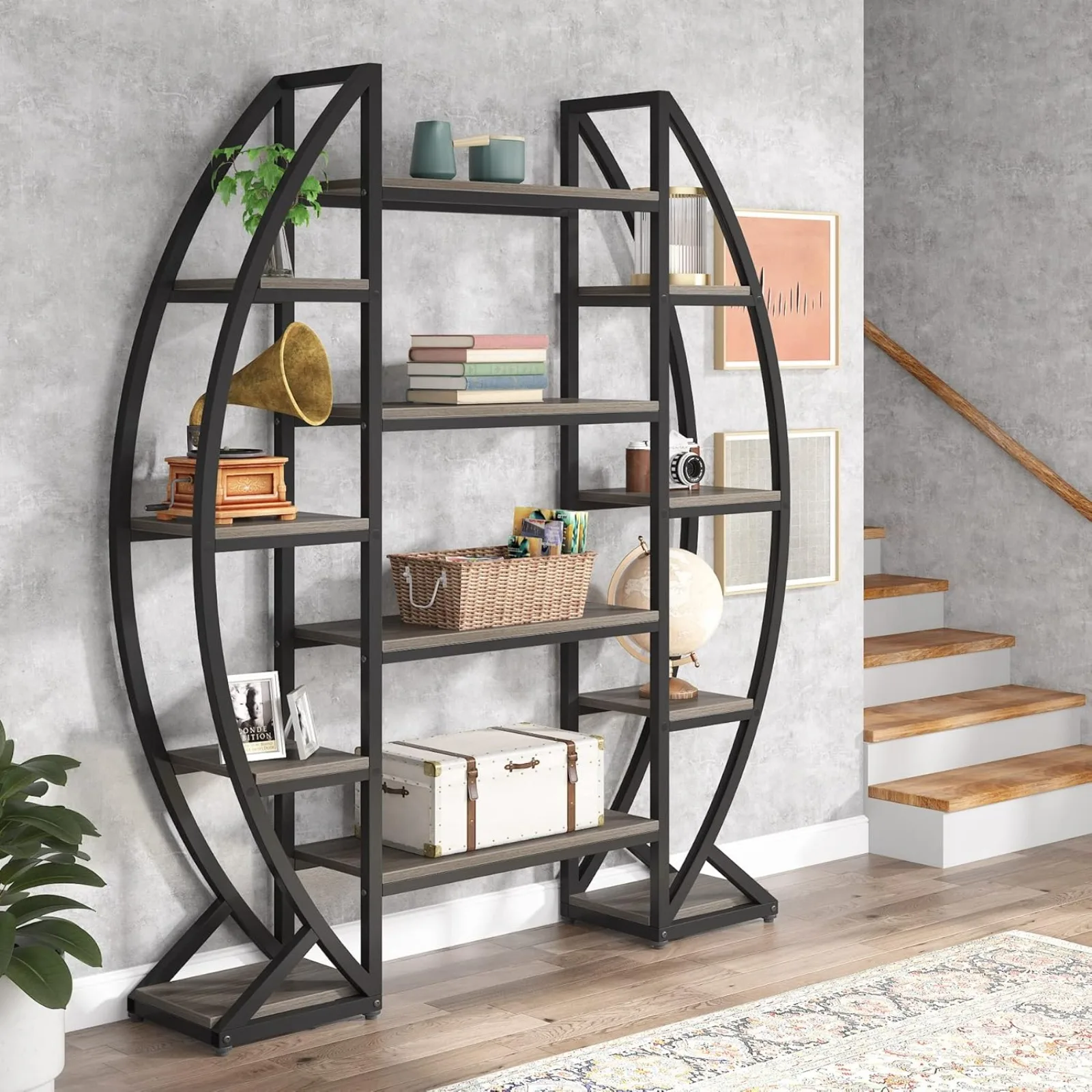 

US Oval Bookshelf, Triple Wide 5 Tier Etagere Bookcases, Industrial Display Shelves for Living Room (Gray, 55")