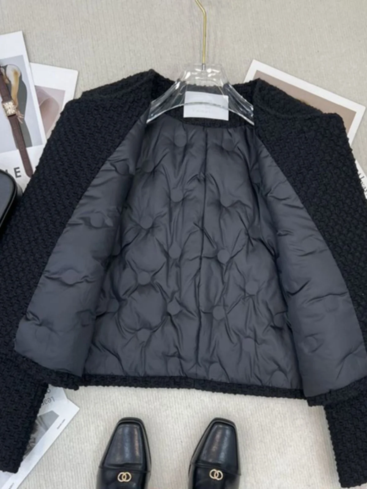 

Жакет-бомбер женский из твида, осенний, с пуговицами, декоративными пуговицами, элегантный крой, из высококачественного волокнистого материала