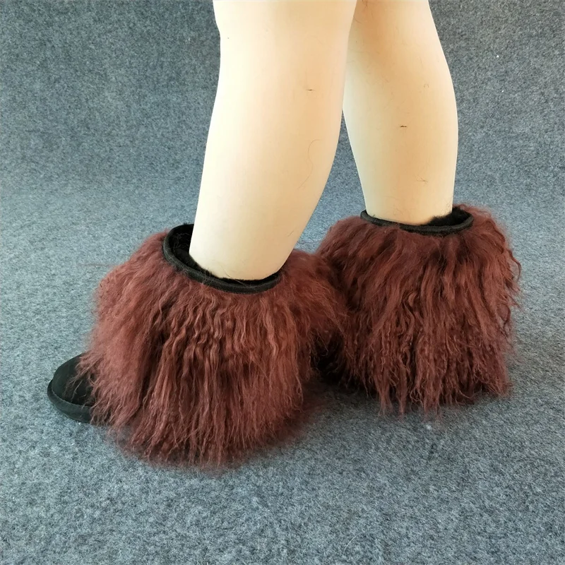 Long Hair Mongolian Sheep Fur Shoes Fashion Women Winter Curly Lamb Fur Boots