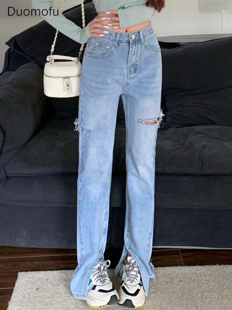 

Duomofu Fashion Distressed Chicly Hollow Out Female Jeans Summer New Solid Color Street High Waist Slim Simple Split Women Jeans