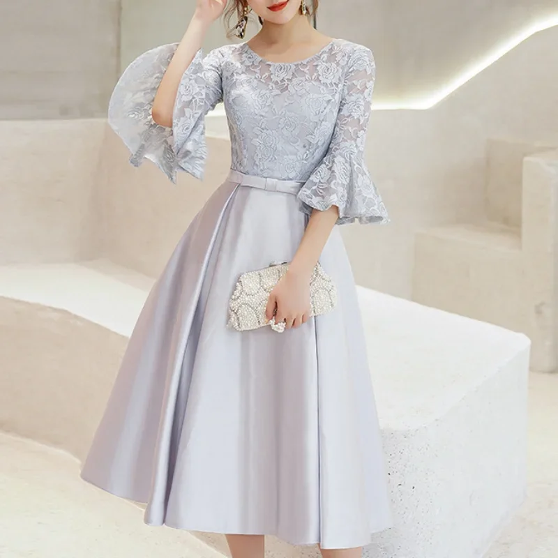 Customized O-neck Half Flare Sleeve Prom Dresses Lace Slim Waist Elegant Pleated Formal Dress 2024 Solid Medium To Long Evening