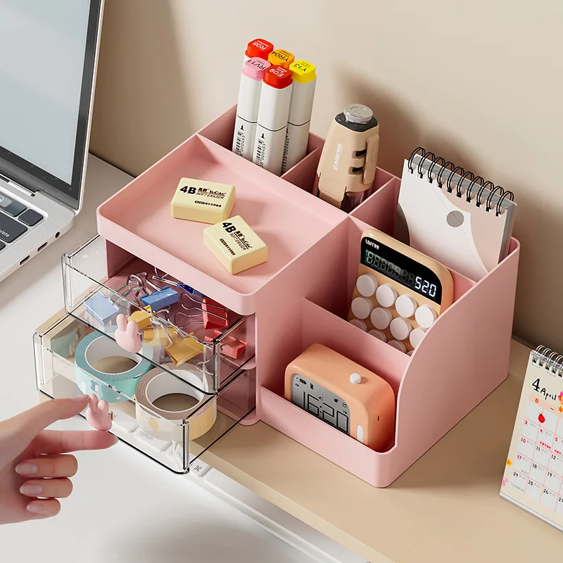 Desktop Transparent Cosmetics Storage Box Desktop Organizer with Drawers Pen Holder Stationary Storage Rack for Office Desks