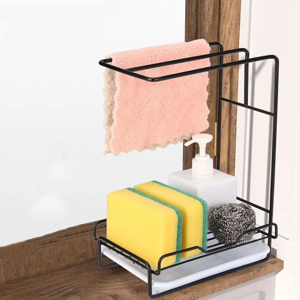 

Black/White Dishcloth Storage Rack Space-Saving Iron Sponge Drainage Rack Wall Mounted with Removable Drip Tray