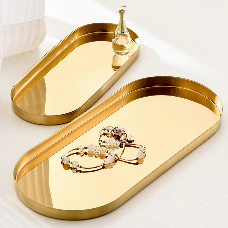 1pc Light Luxury Stainless Steel Golden Oval Tray Home Jewelry  Cosmetic Storage  Swing  Decoration  