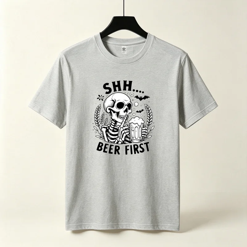 Beer First Skull T-Shirt Funny Skeleton Beer Lover Graphic Tee Casual Cotton Short Sleeve Streetwear for Men Women Y2k Top