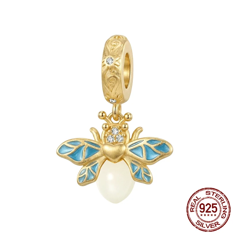 

925 Sterling Silver Glow-in-the-Dark Golden Firefly Pendant Classic Charm Fit Original Charm Bracelets Women DIY Jewelry Gift