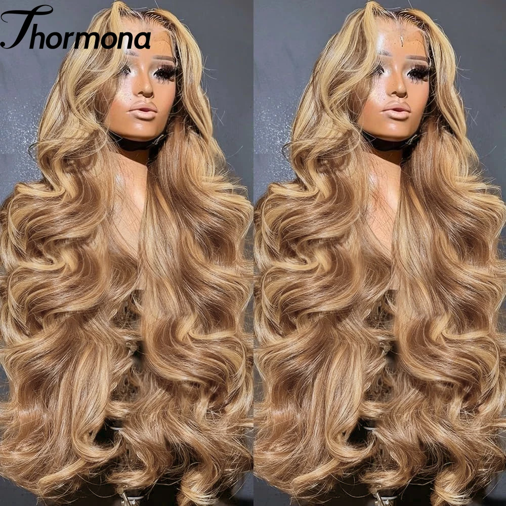

13x6 Выделите Ombre Медовый Блондин Объемная Волна Парики Фронта Шнурка Синтетические HD Прозрачные Выделенные Кружевные Бесклеевые Парики Для Женщин
