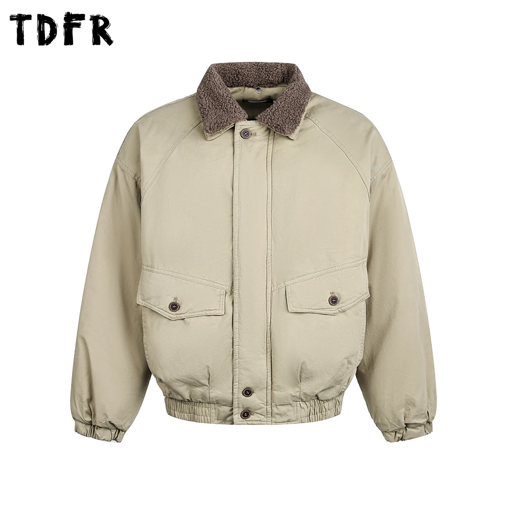 جيب تقسم البضائع مبطن سترة رجالي ريترو الشتاء للإزالة الفراء طوق فضفاض كم طويل التلبيب ملابس خارجية سميكة رجل