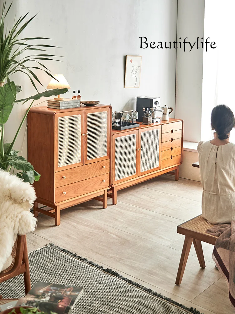 

Nordic Retro Solid Wood Sideboard Modern Minimalist Rattan Tea Cabinet