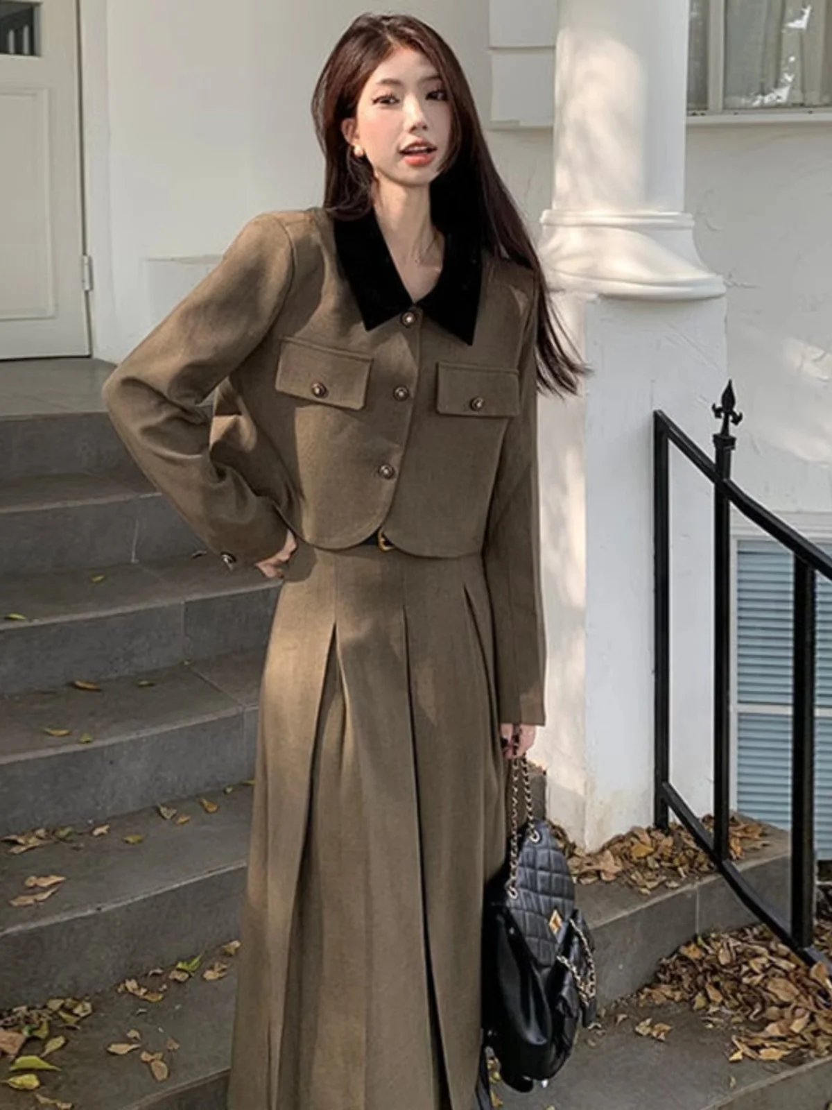 

Color Block Long Sleeve Suit Jacket And Midi Skirt Two Piece Set for Women Autumn 2024 Collar Button up Fashion Set