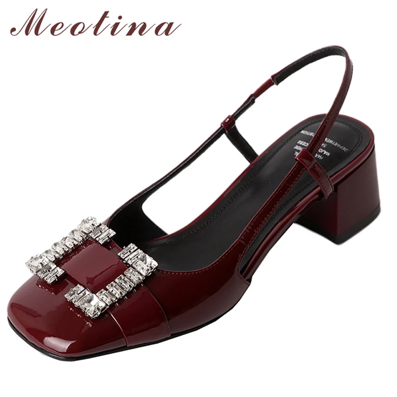 

Meotina Genuine Leather Women Slingbacks Shoes Thick Heels Pumps Crystal Square Toe High Heel Ladies Footwear Spring Wine Red 40