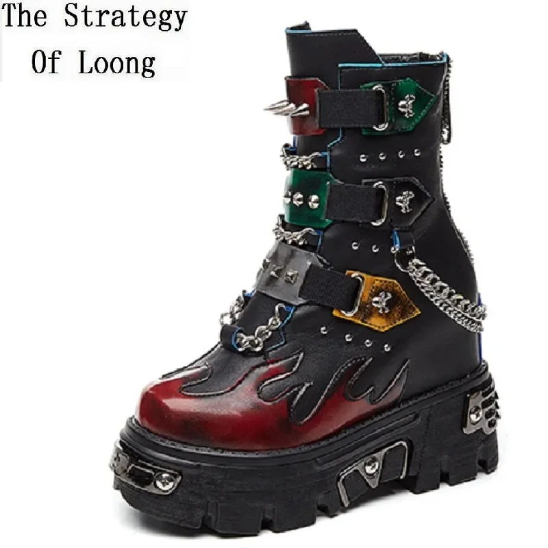 

Women's Genuine Leather Motorcycle Boots Rivet Metal Chain Buckle Belt Short Punk Mid-calf Boots Winter Lady Platform Chunky