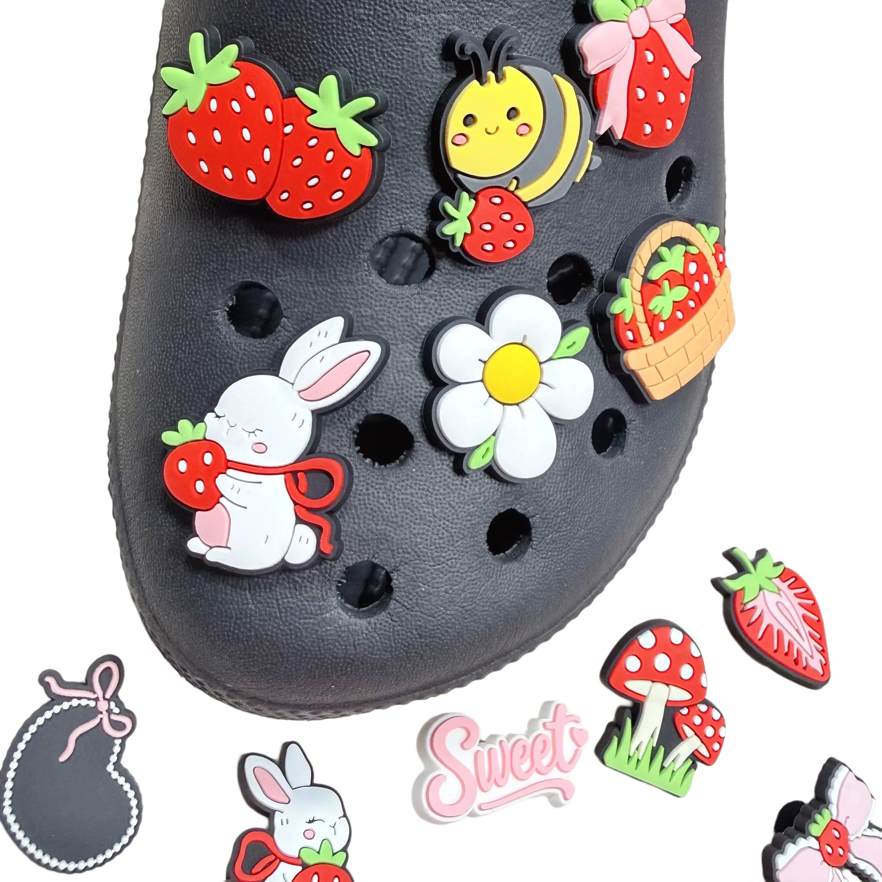 16Pcs Cartoon Rabbit Strawberry Flower Heart PVC Garden Shoe Charms Clogs Hole Shoes Ornaments Sandals Accessories DIY Backpack