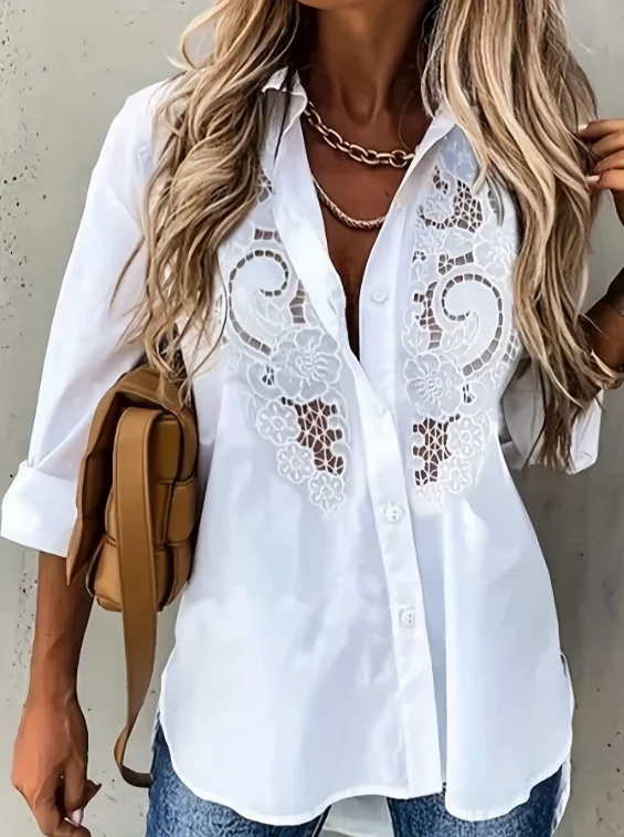 

Женская однотонная рубашка с пуговицами, длинным рукавом, воротником, кружевной вышивкой, стильная повседневная блузка для офиса и на каждый день