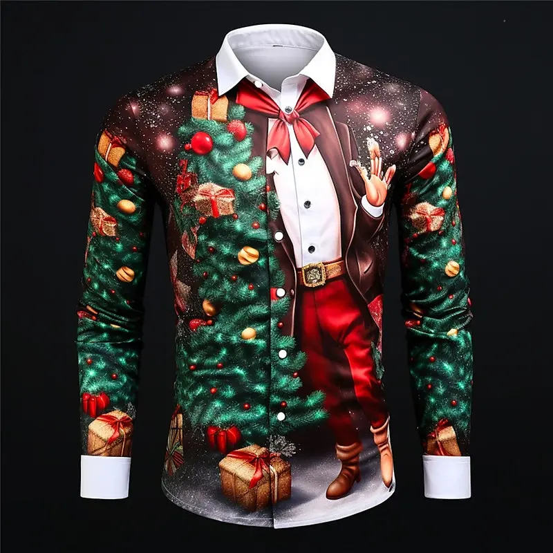 2025 Christmas Santa Claus&Snowman Print Shirts For Men Festival Casual Men\'s Shirt Autumn Long Sleeve Top Oversize Men Clothing