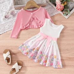 Baby girl solid color pleated lace small coat plus floral vest dress plus belt, children spring and autumn three sets