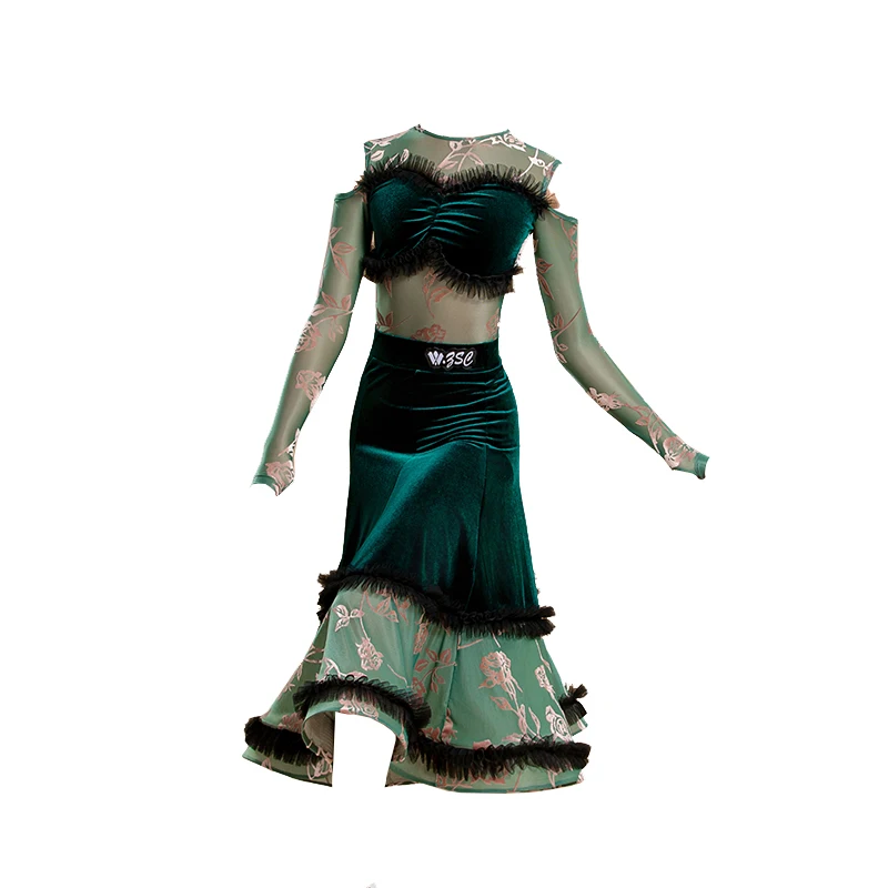 Strój do tańca towarzyskiego dla dziewczynek, walc, występ, zielony nadruk, siateczka, aksamit, nowoczesna sukienka, model DN22216, rok 2025.